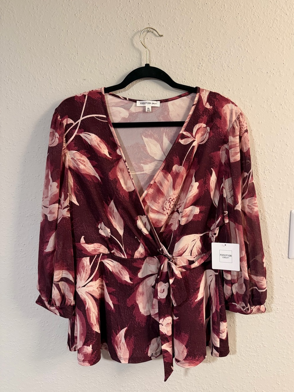 Brand New Floral Wrap Blouse In Burgundy | size XL